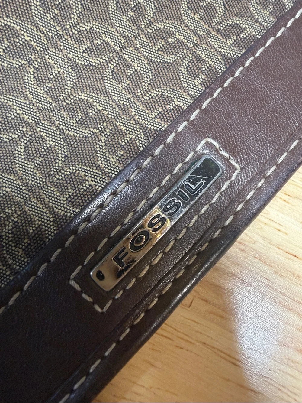 Fossil Brown Monogram Fold Wallet with Dark Brown Trim